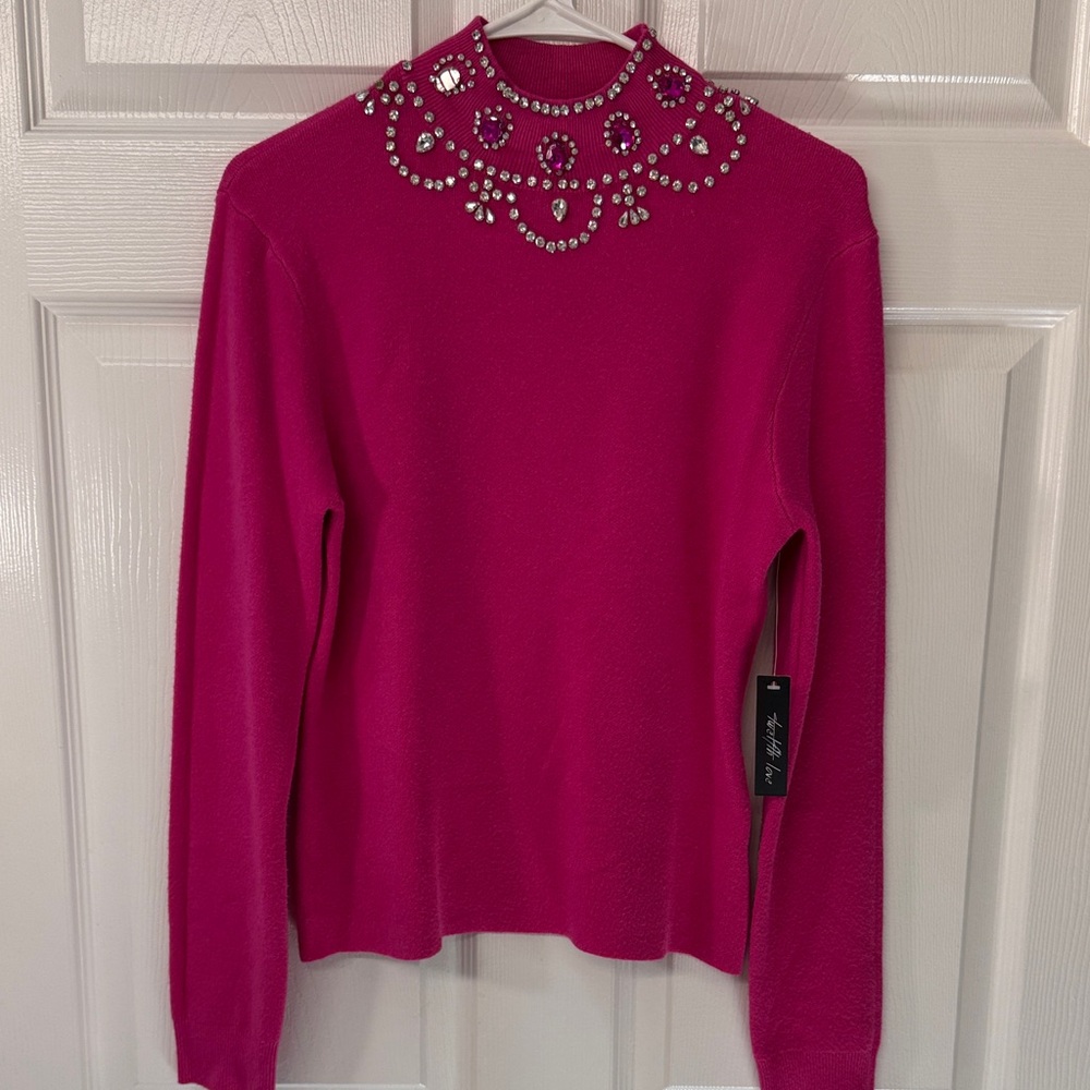 Twelfth Love Hot Pink Embellished Mock Neck Sweater NWT Size L